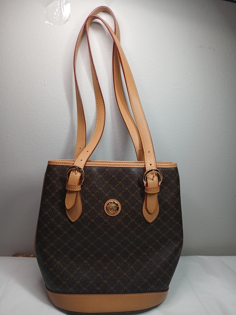 Rioni Brown Monogram Brown Leather Shoulder Bucket Handbag Tan Straps *Flaw*